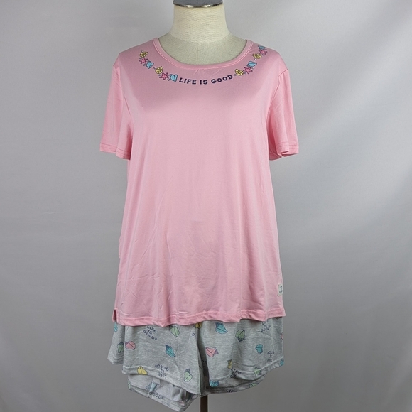 Life Is Good Seashells Starfish PJ Set Short Sleeve Top Shorts Pink Grey L NWT - Picture 8 of 11